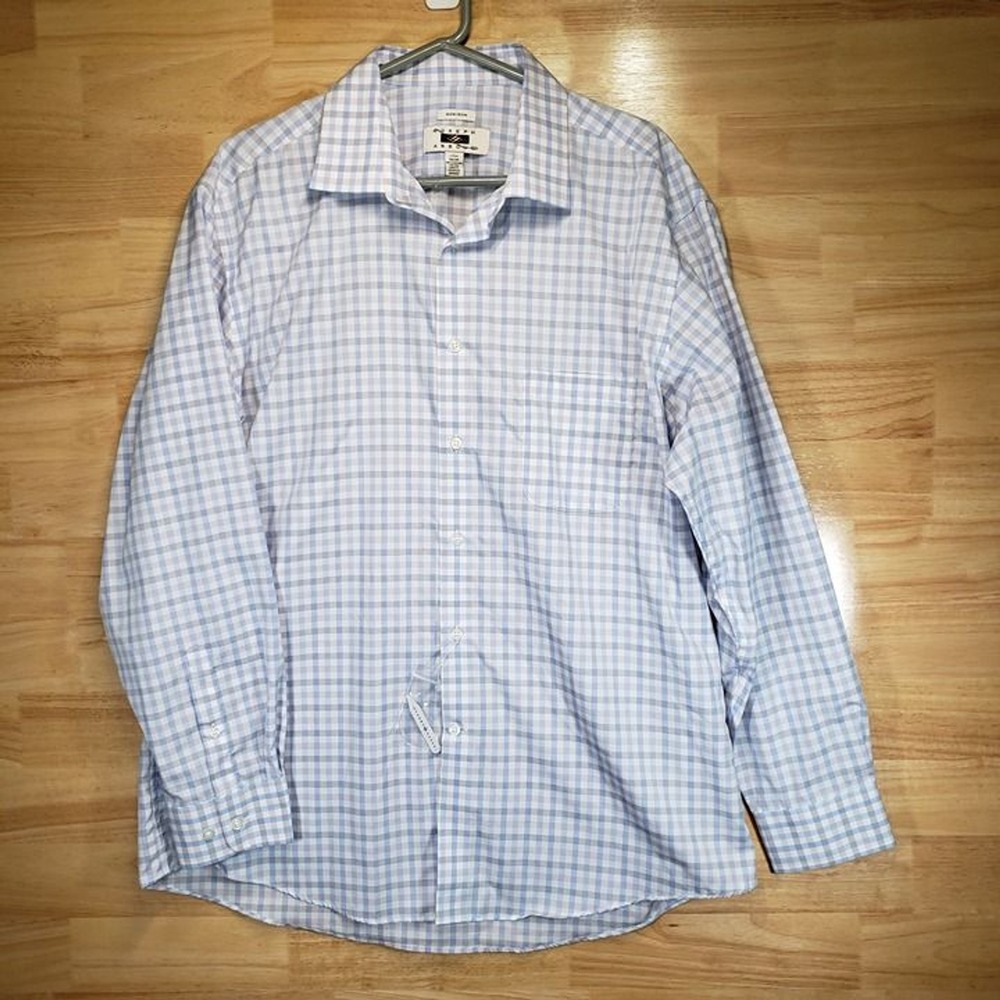 Joseph Abboud Non-Iron Dress Shirt 17.5/34/35 Blue Plaid Egyptian Cotton XL